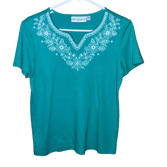 Rebecca Malone Shirt Petite Green V-Neck Embroidery PM - Picture 1 of 6